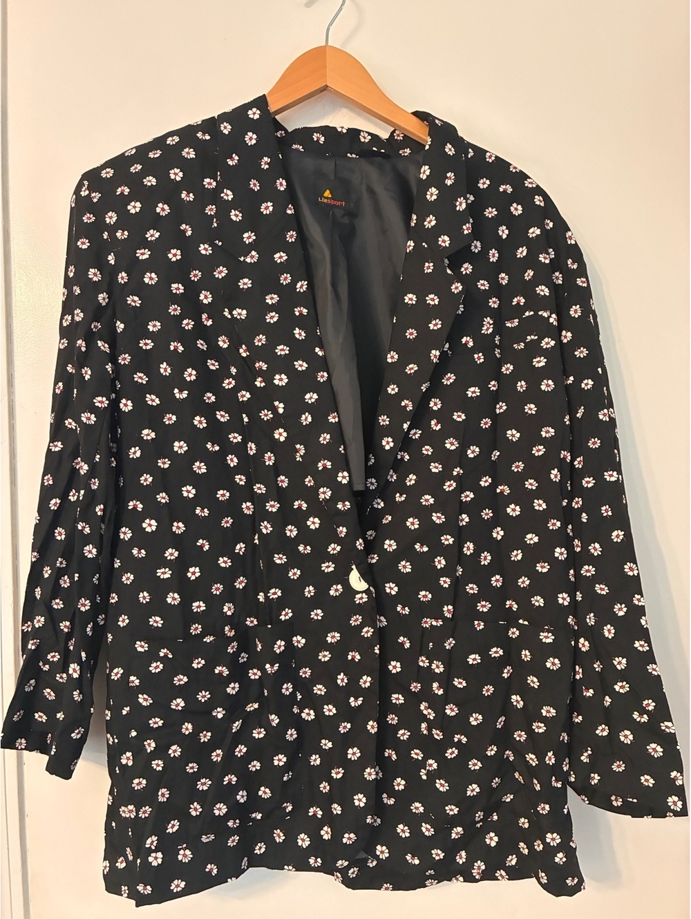 Vintage Lizsport Black Daisy Floral Blazer Shoulder Pads 80s